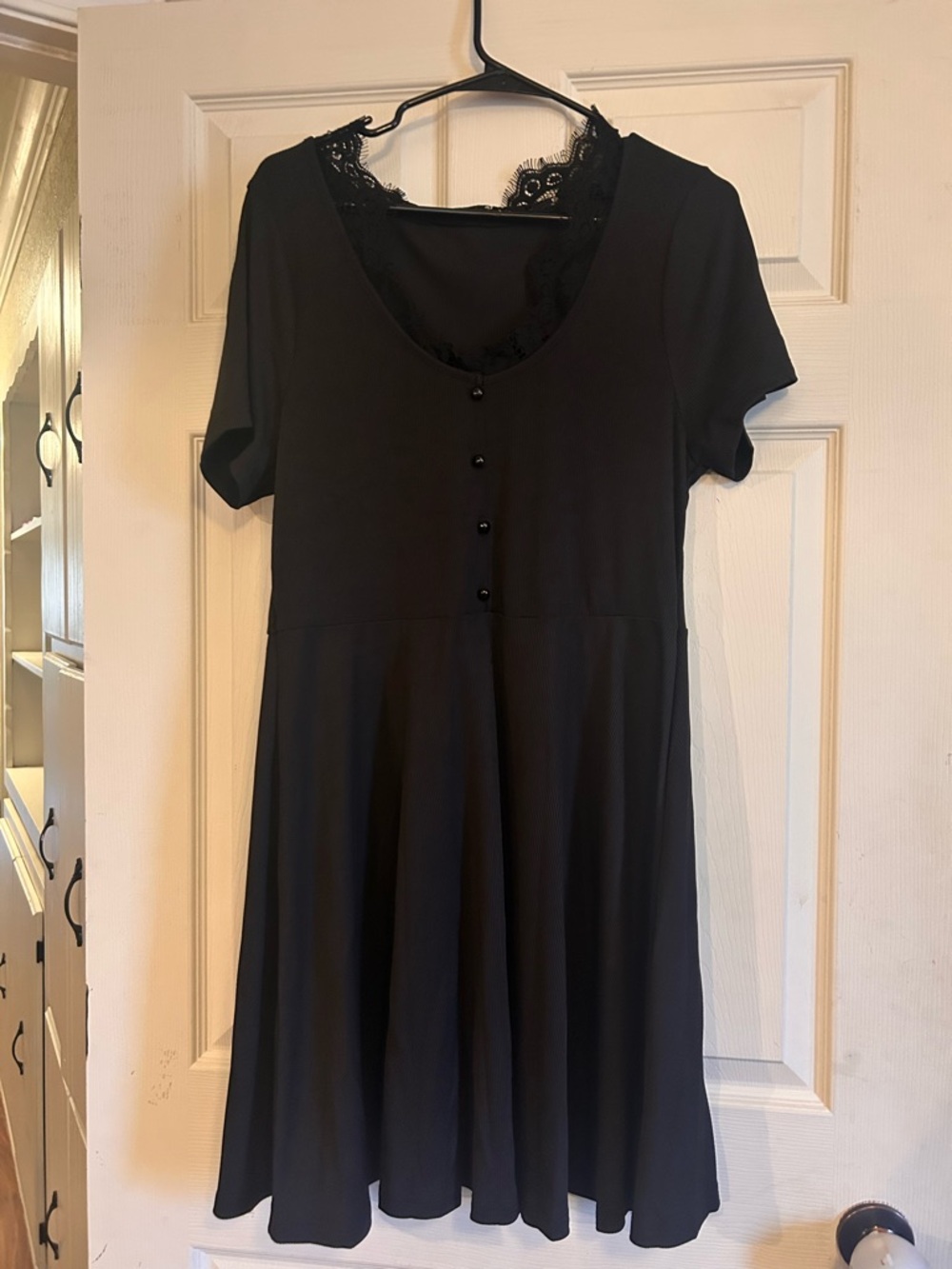 SHEIN Black Lace-Trim Short Sleeve Scoop Neck Dress